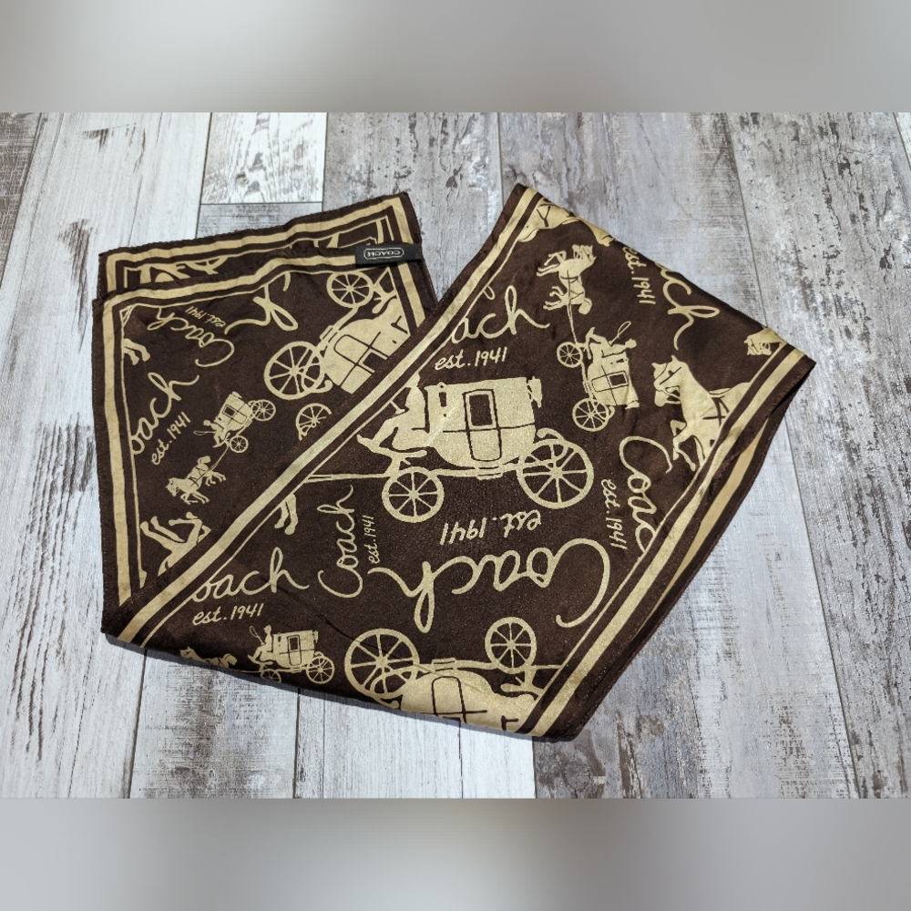 Coach Brown & Gold  Carriage Horse Silk Scarf 59x10‎